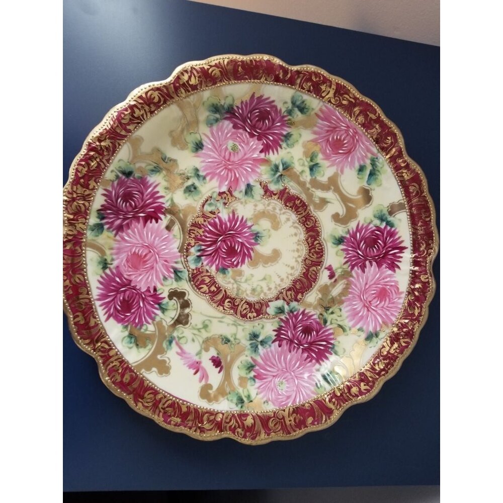 Antique JPL France Hand-Painted Porcelain Plate With Pink Chrysanthemums & Gold